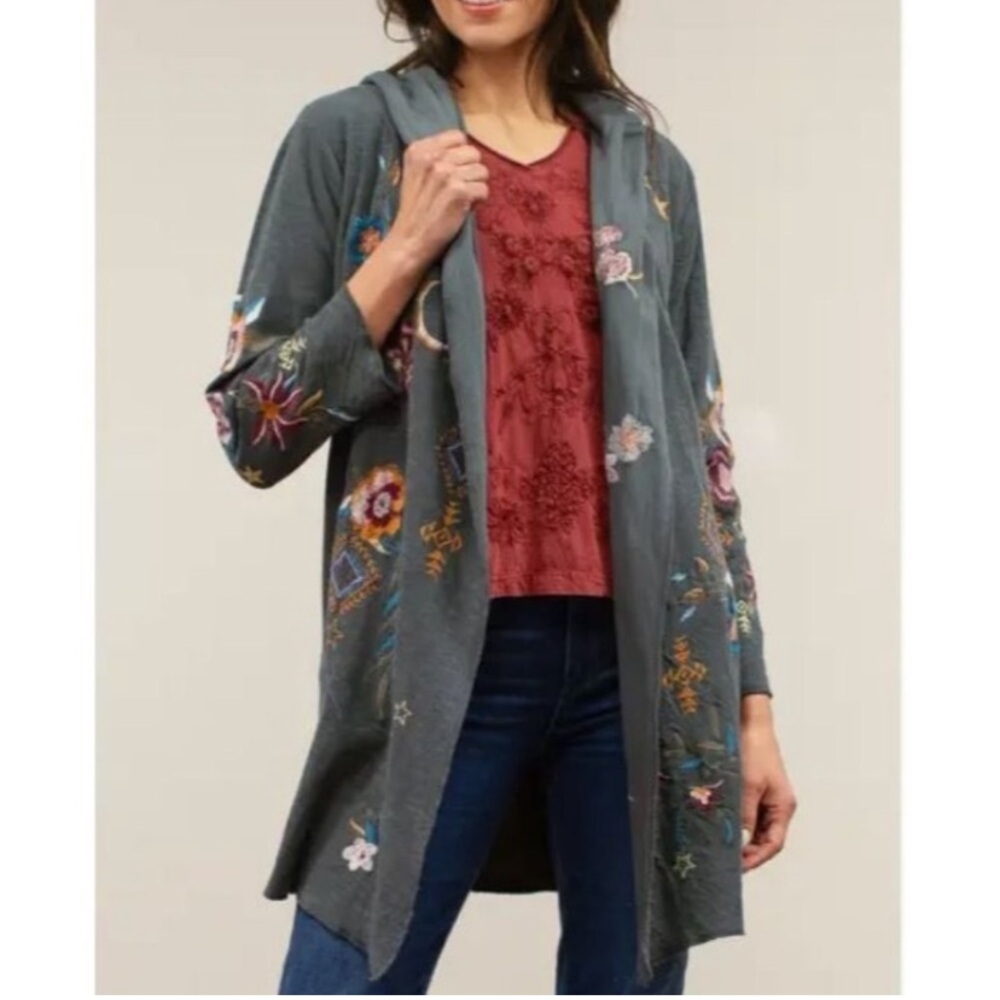 Caite & Kyla Seo Joline Embroidered Floral Hooded Jacket Size Small Dark Grey